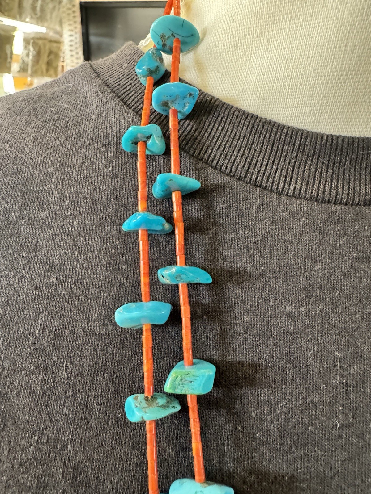 Vintage Double Strand Turquoise Nugget Chip Necklace Red Heishi Beads