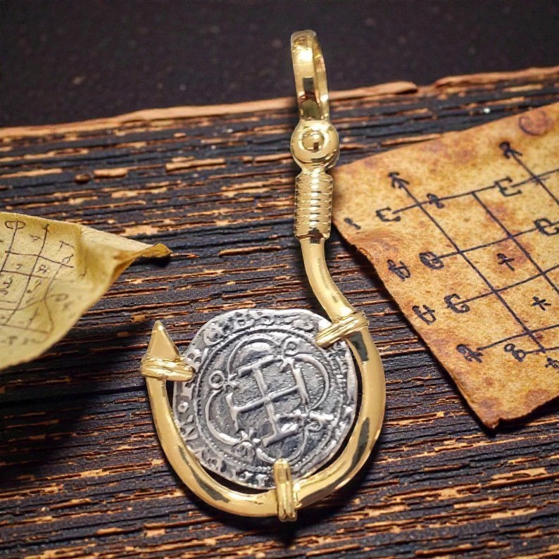 Atocha Fish Hook Silver Coin Pendant 14k Gold Overlay Shipwreck Certificate