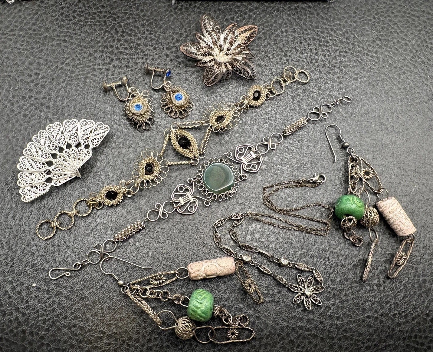 VTG Spun Wire Silver Filigree Jewelry Lot Brooches Earrings Bracelets Necklace