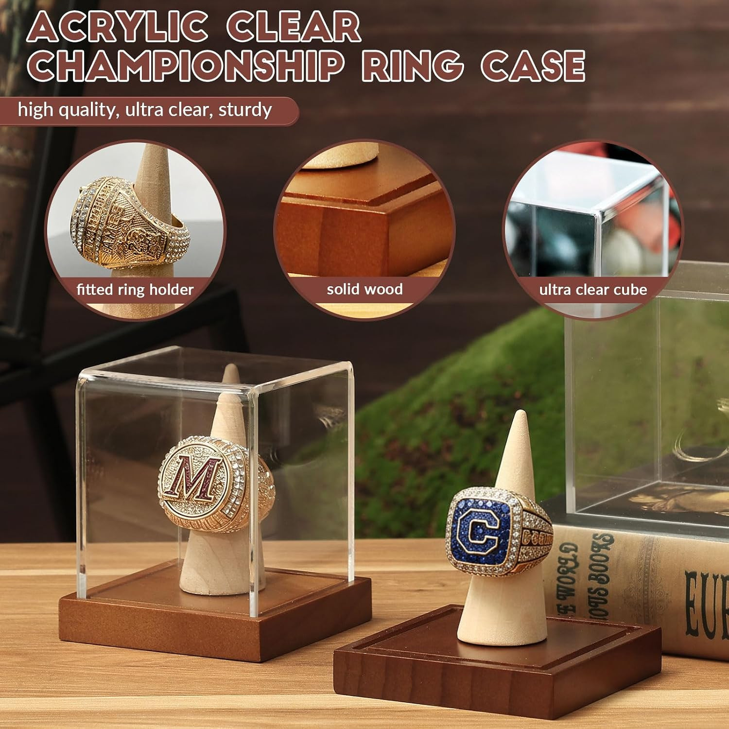Championship Ring Display Case, Clear Acrylic Single Ring Holder with Wood