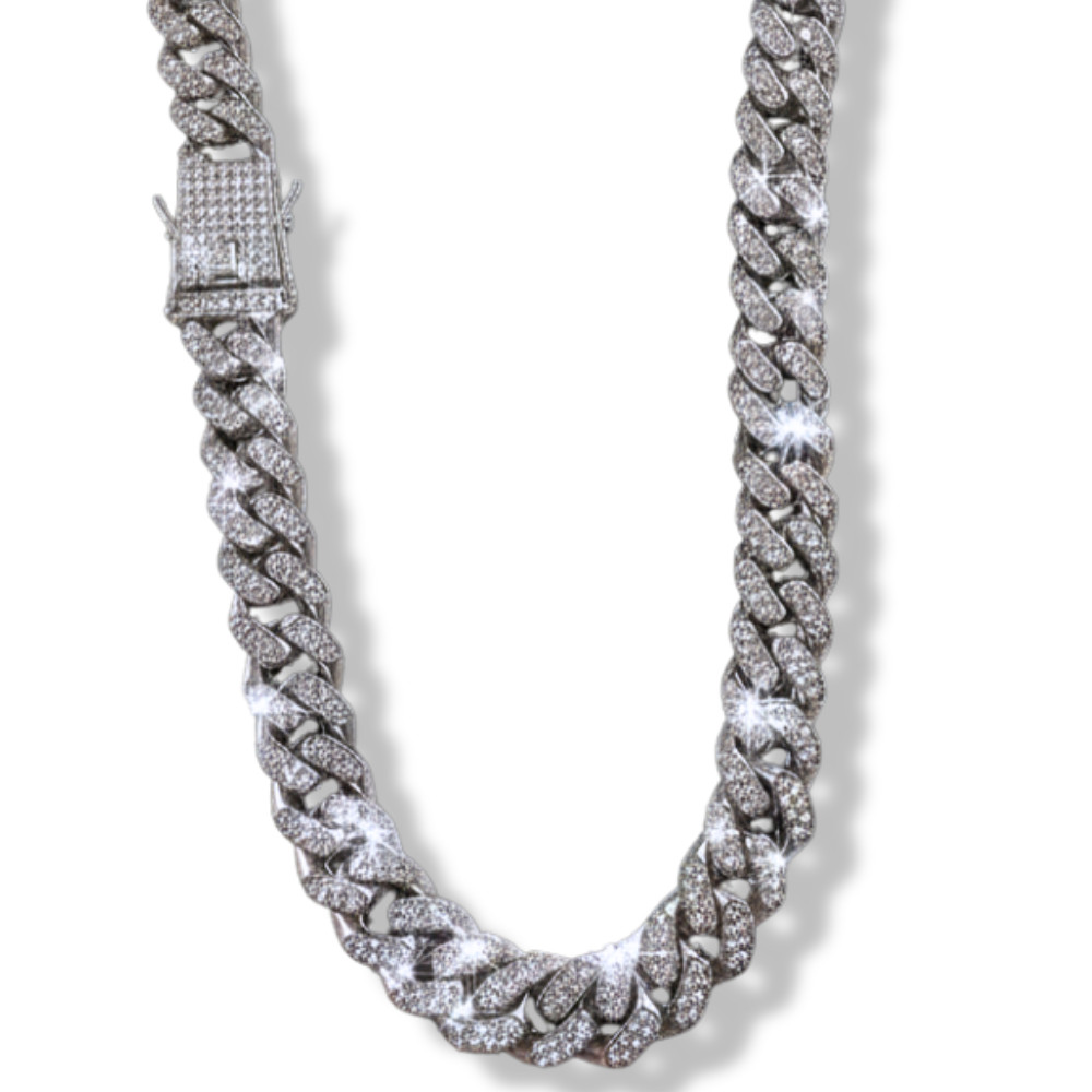 Mens 13mm Iced CZ Cuban Link 14k Gold or Silver Plated Necklace Hip Hop Chain