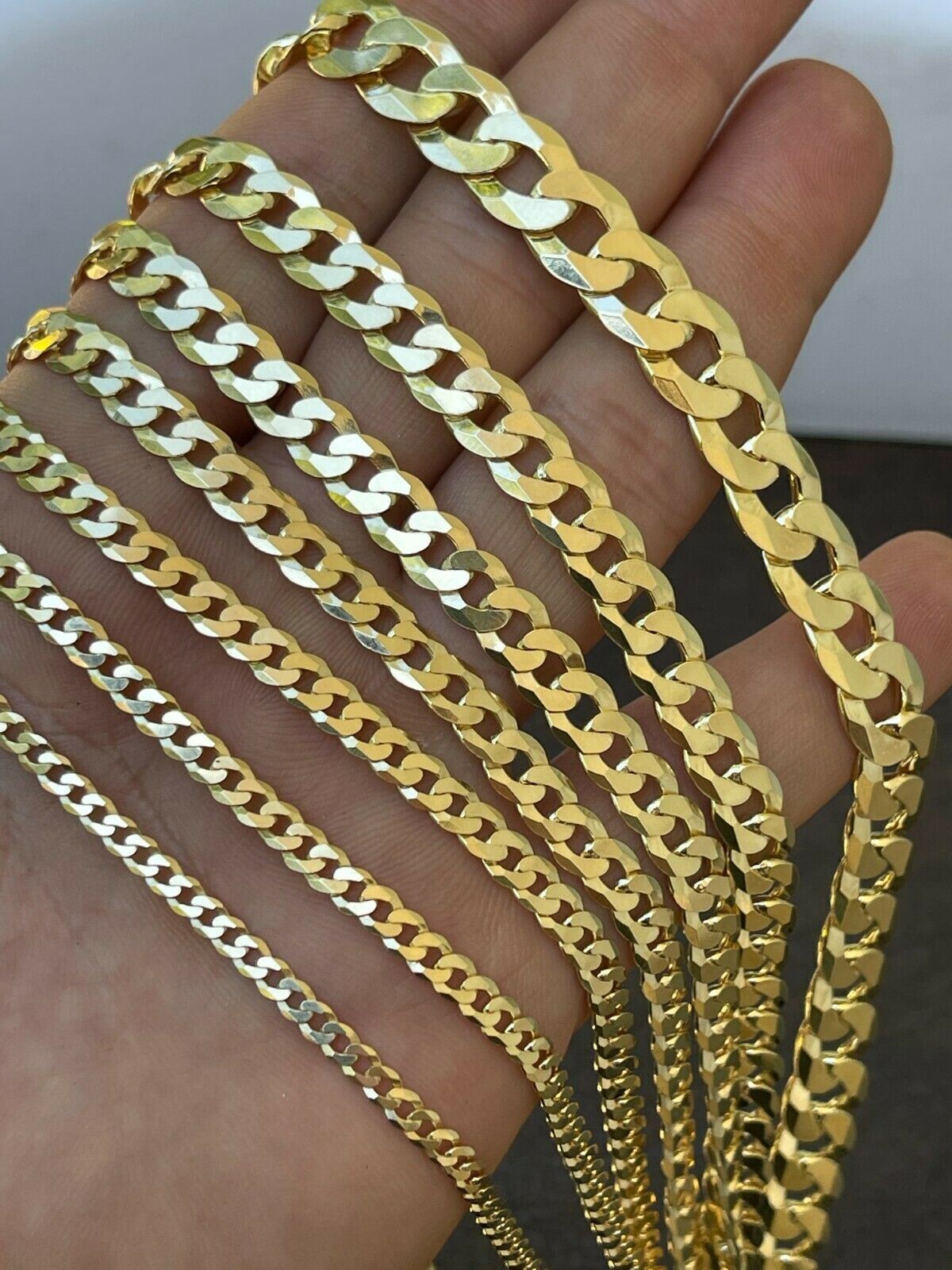 REAL Solid 925 Silver 14k Gold Plated Flat Cuban Link Chain Necklace 3mm – 11mm
