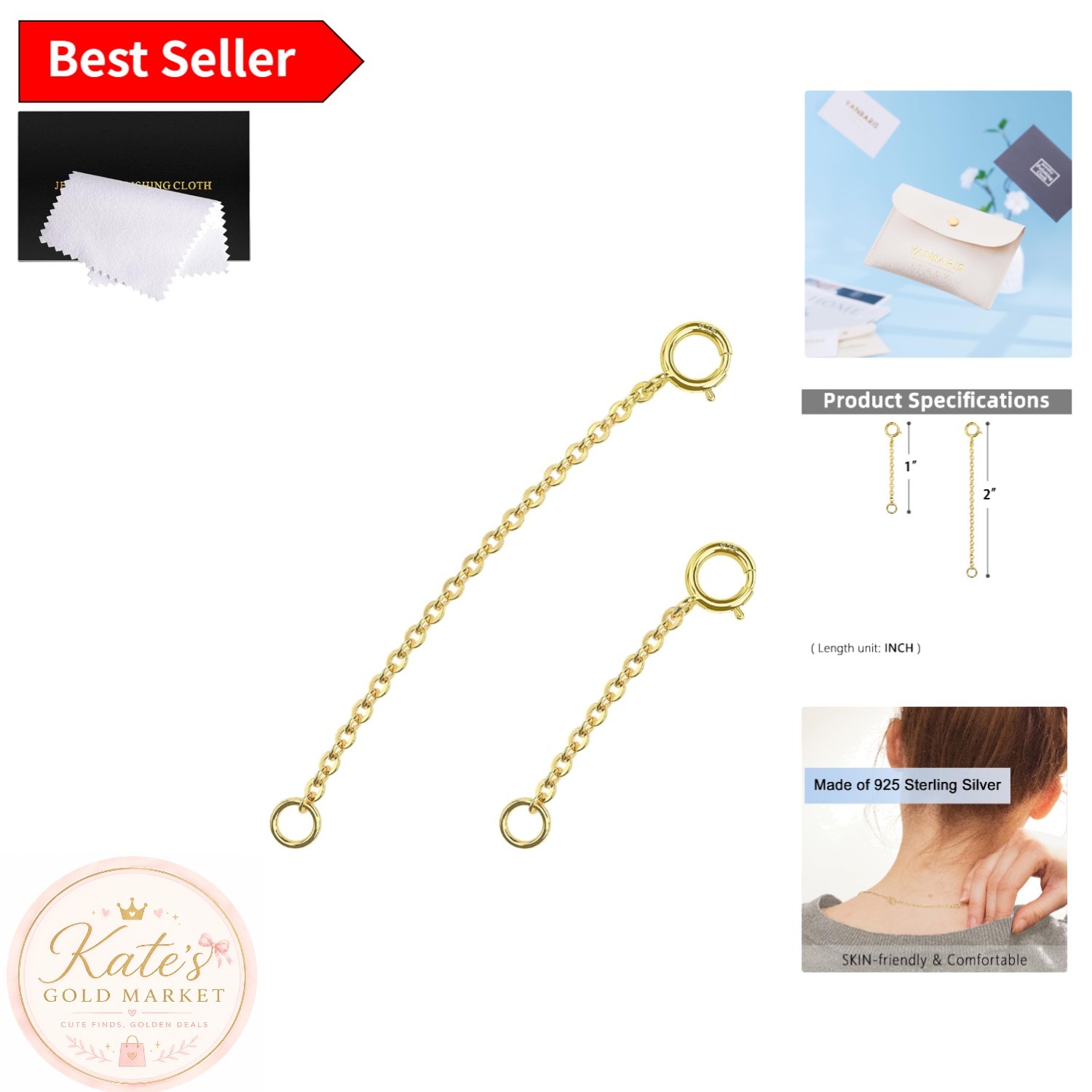 Elegant Gold Necklace Extender Set – 925 Sterling Silver, 1 & 2 Inch, 2 Pieces