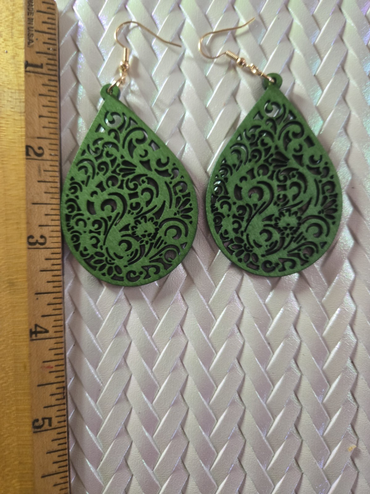 Bohemian Green Wood Teardrop Filigree Laser Cut Dangle/Drop Hook Earrings