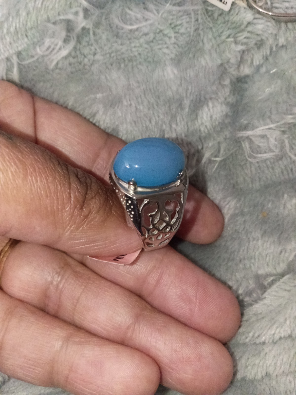 Silver Tone Oval Blue Turquoise Bezel Band Ring Size 10 Metal Stone 1 Gem