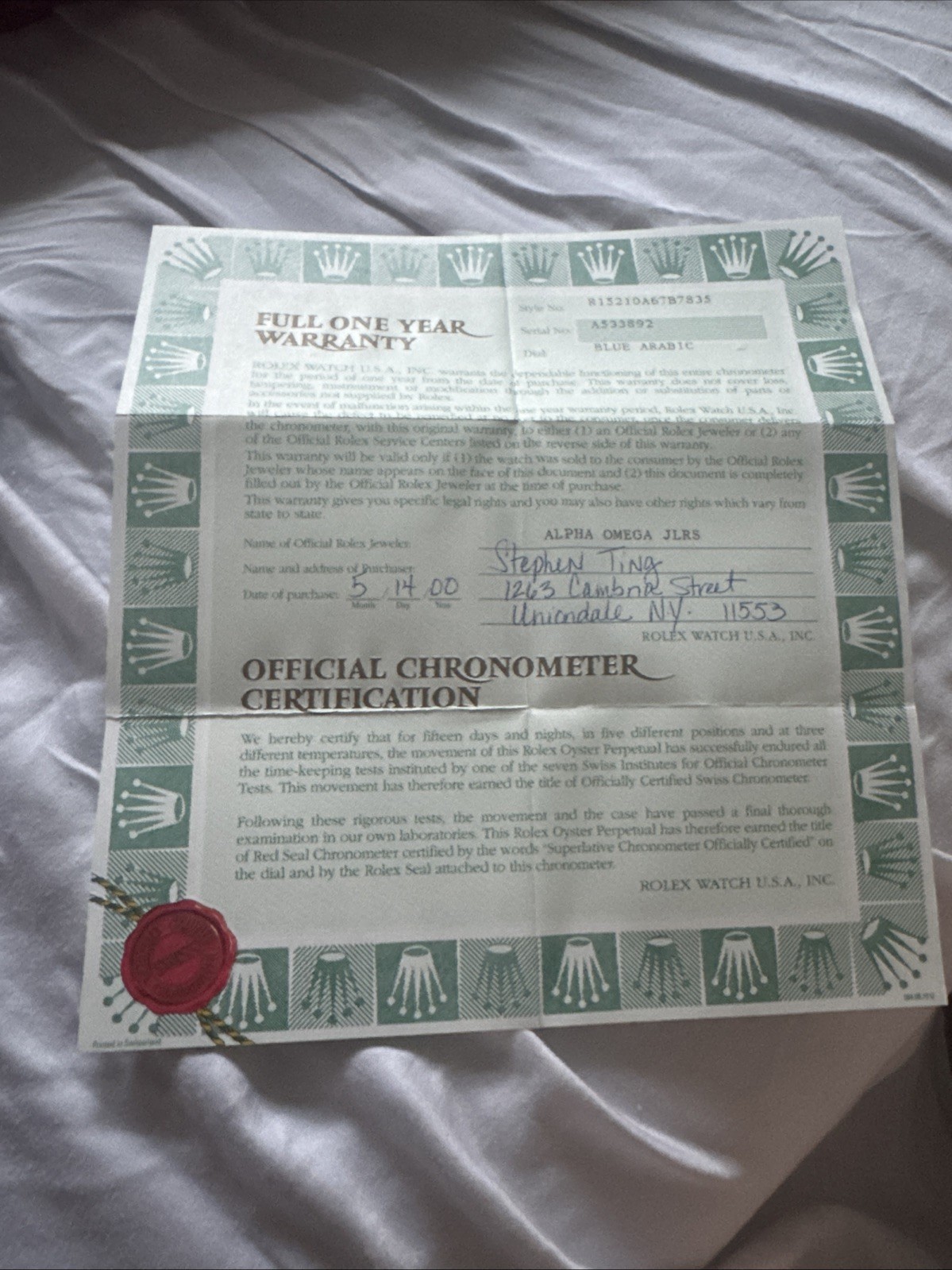 Original Rolex One Year Warranty R15210 From May, 2000