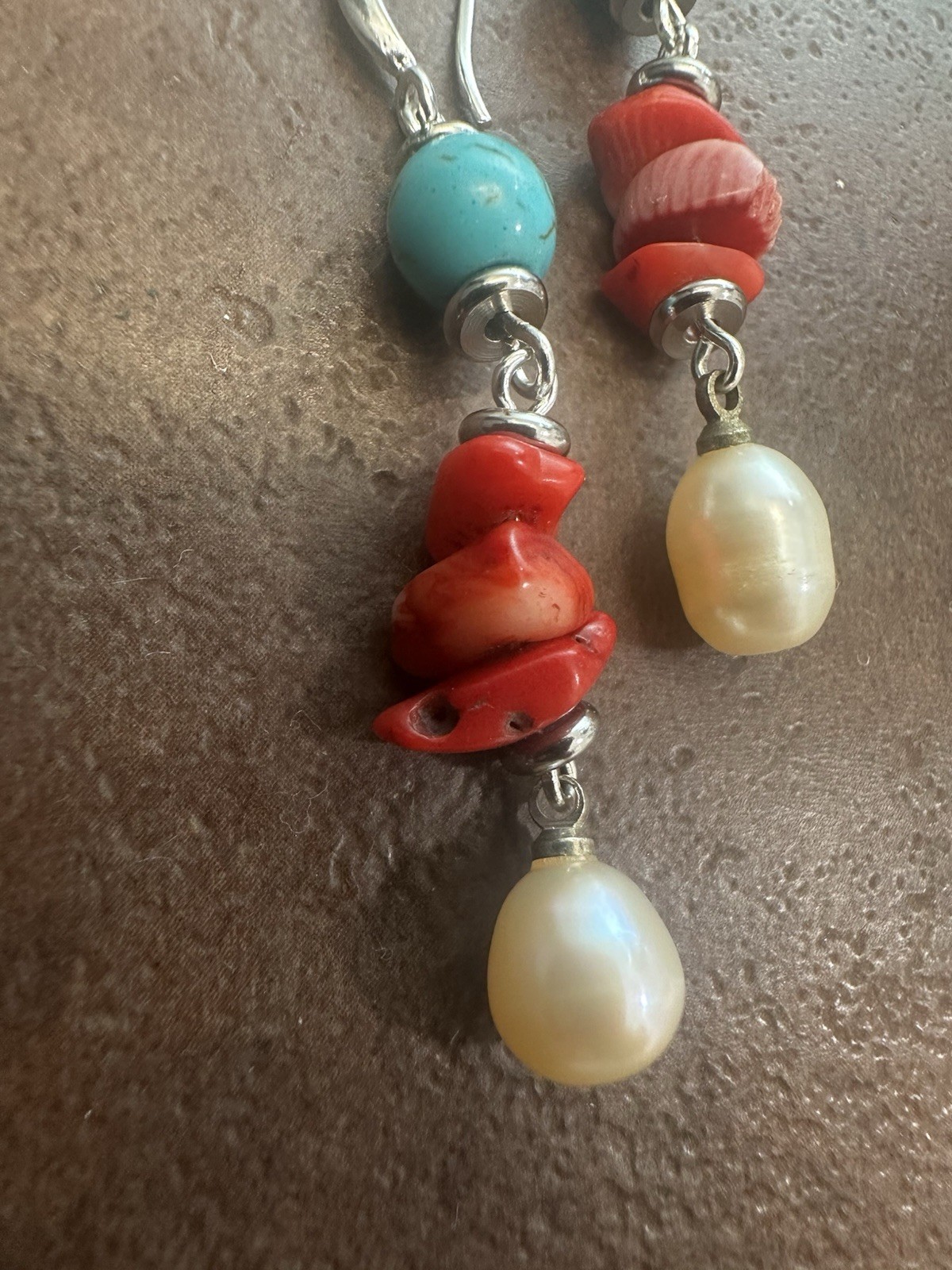 Handmade Turquoise, Red Coral & Pearl Drop Earrings