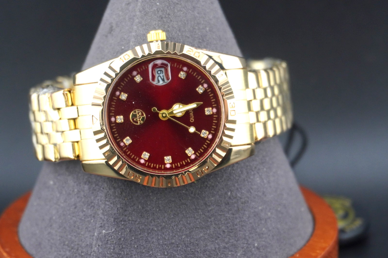 Watch – Gold and Deep Dark Red Face CZs at 12,4,6,9 (NEW) 30mm AJ BEATIFUL