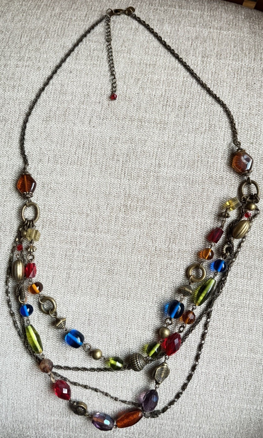 Multicolor Glass Beaded Layered Necklace, Cable Chain, Lobster, Bohemian