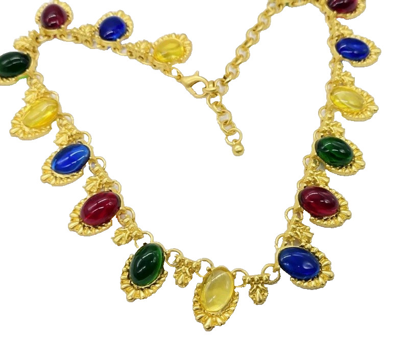 Gripoix Style Necklace Red Yellow Blue Green Matte Gold Tone Poured Resin 17 in