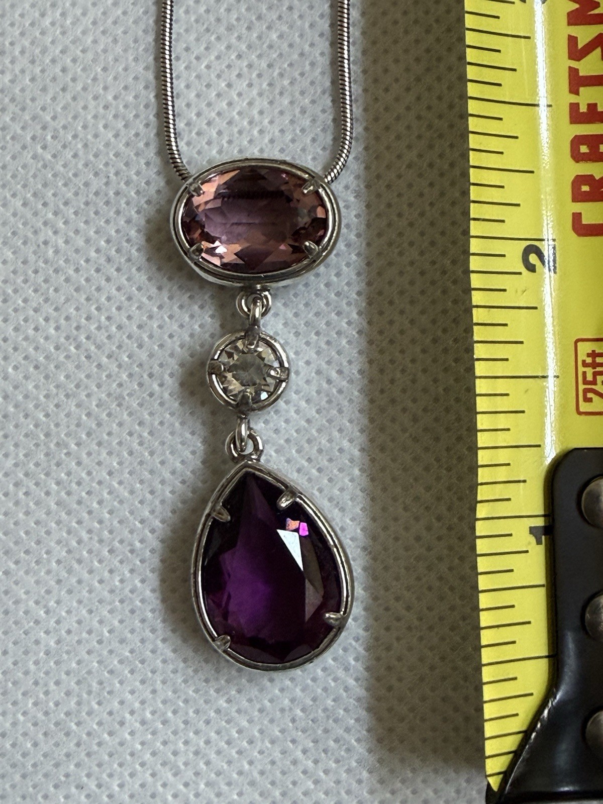 Brighton Silver Tone Snake Chain Necklace Purple Teardrop Crystal Pendant 18in