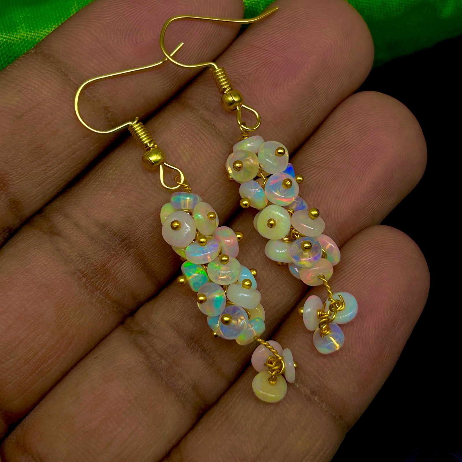 Ethiopian White Opal Gemstone Beads Cluster Earring, Multifire Opal Beaded Gold