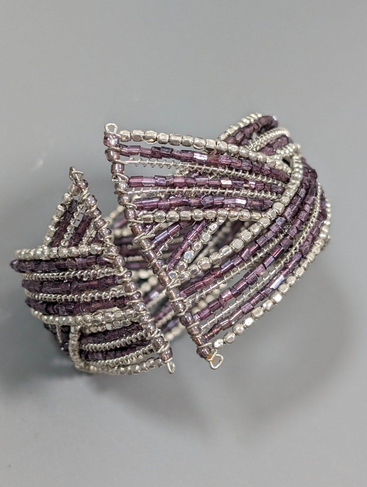 Beachy Coastal Purple Glass Bead Silver Tone Braided Open Cuff Bracelet 6.5 in