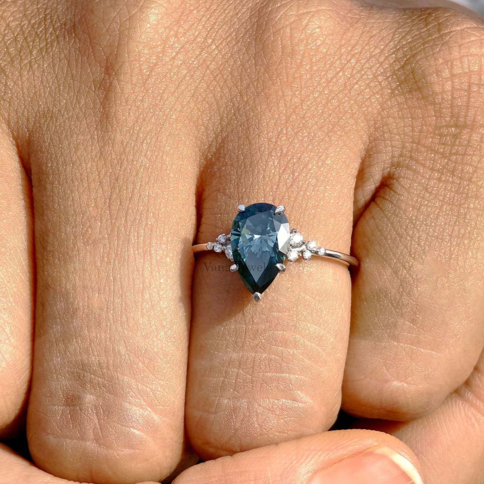 Fancy Intense Blue 2.15 CT Pear Cut Lab Grown Diamond Women Ring 14K White Gold