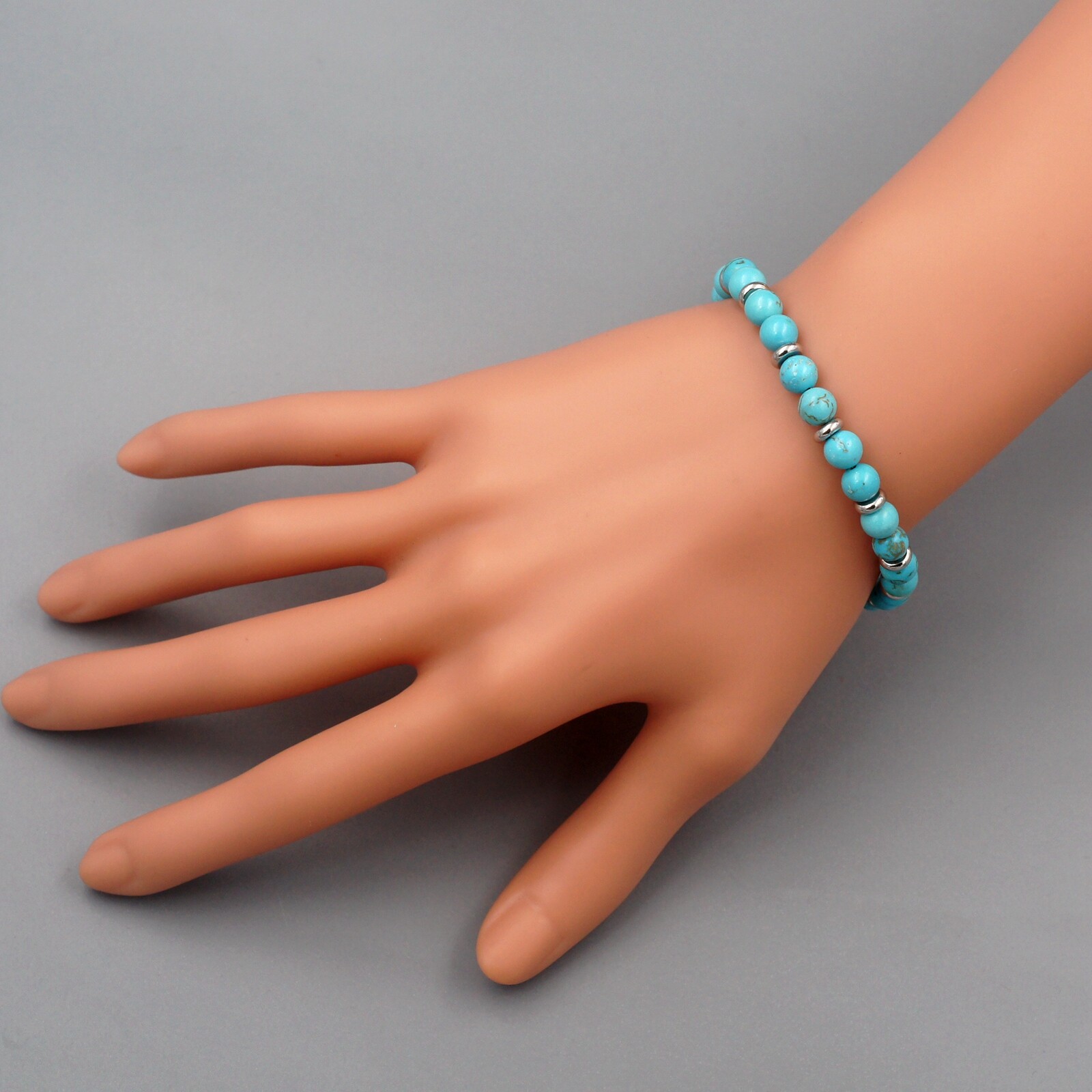 Men Blue Turquoise Natural Stone Stainless Steel Chain Bangle Bracelet 20150