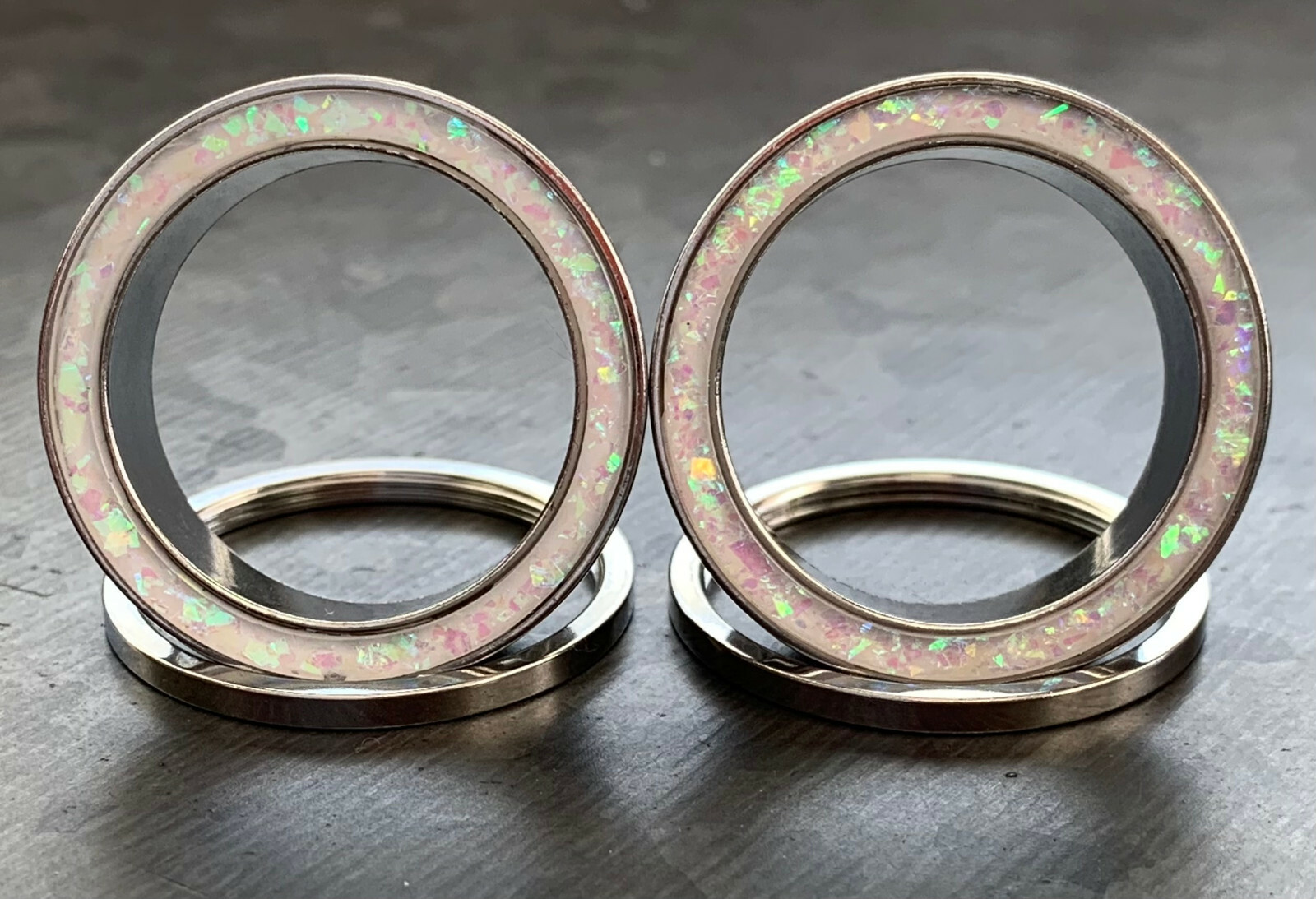 PAIR White Opal Glitter Rim Screw Fit Tunnels Ear Plugs Earlet Rimmed Gauges
