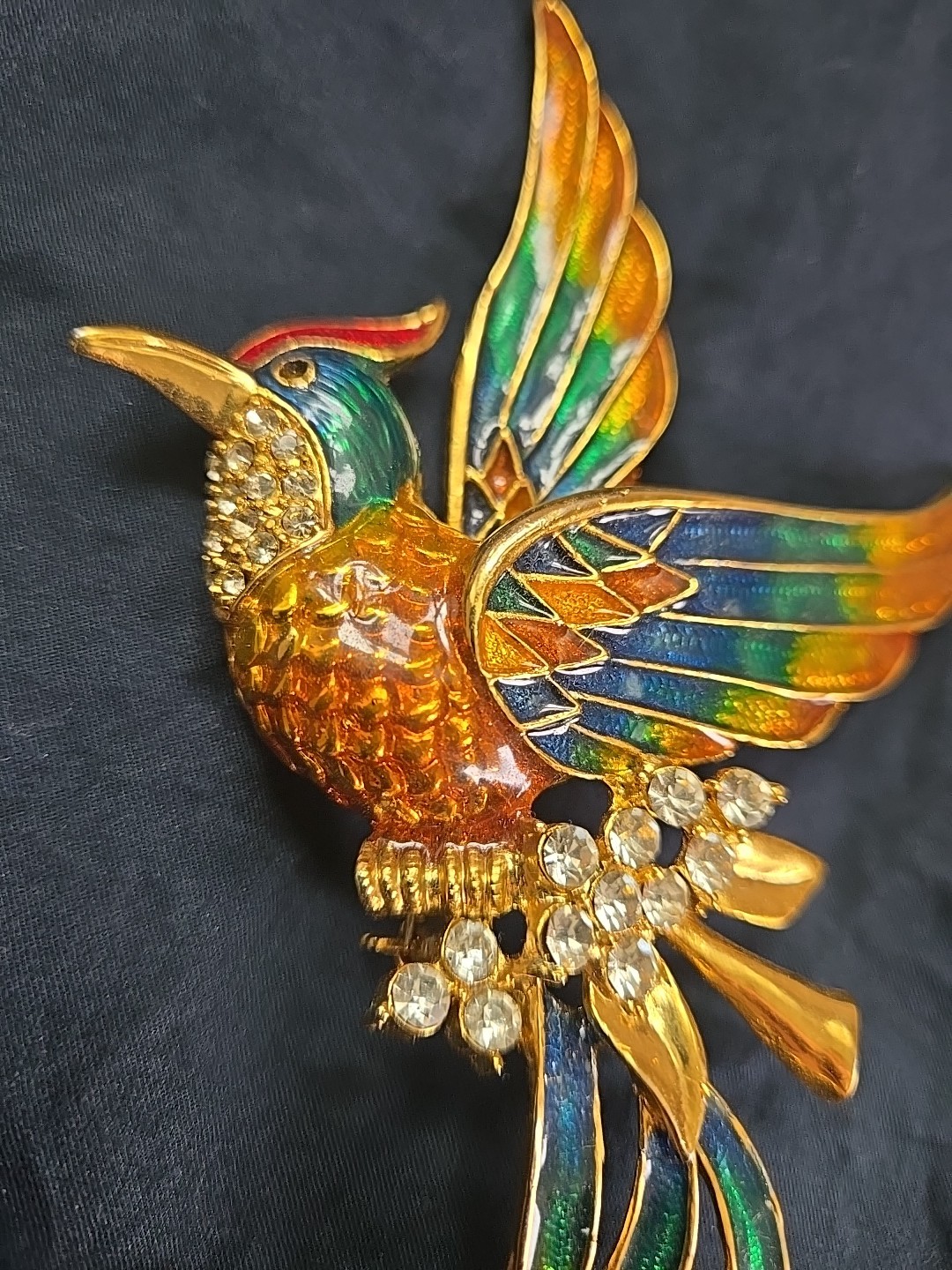 Vintage D’orlan Boucher 6″ Enamel Phoenix Bird Brooch Multicolored, Clear Crysta