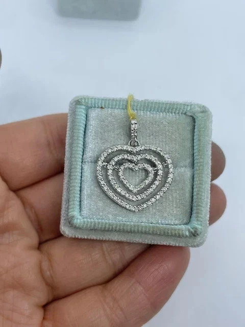 2Ct Round Cut Real Moissanite Triple Heart Charm Pendant 14K White Gold Plated