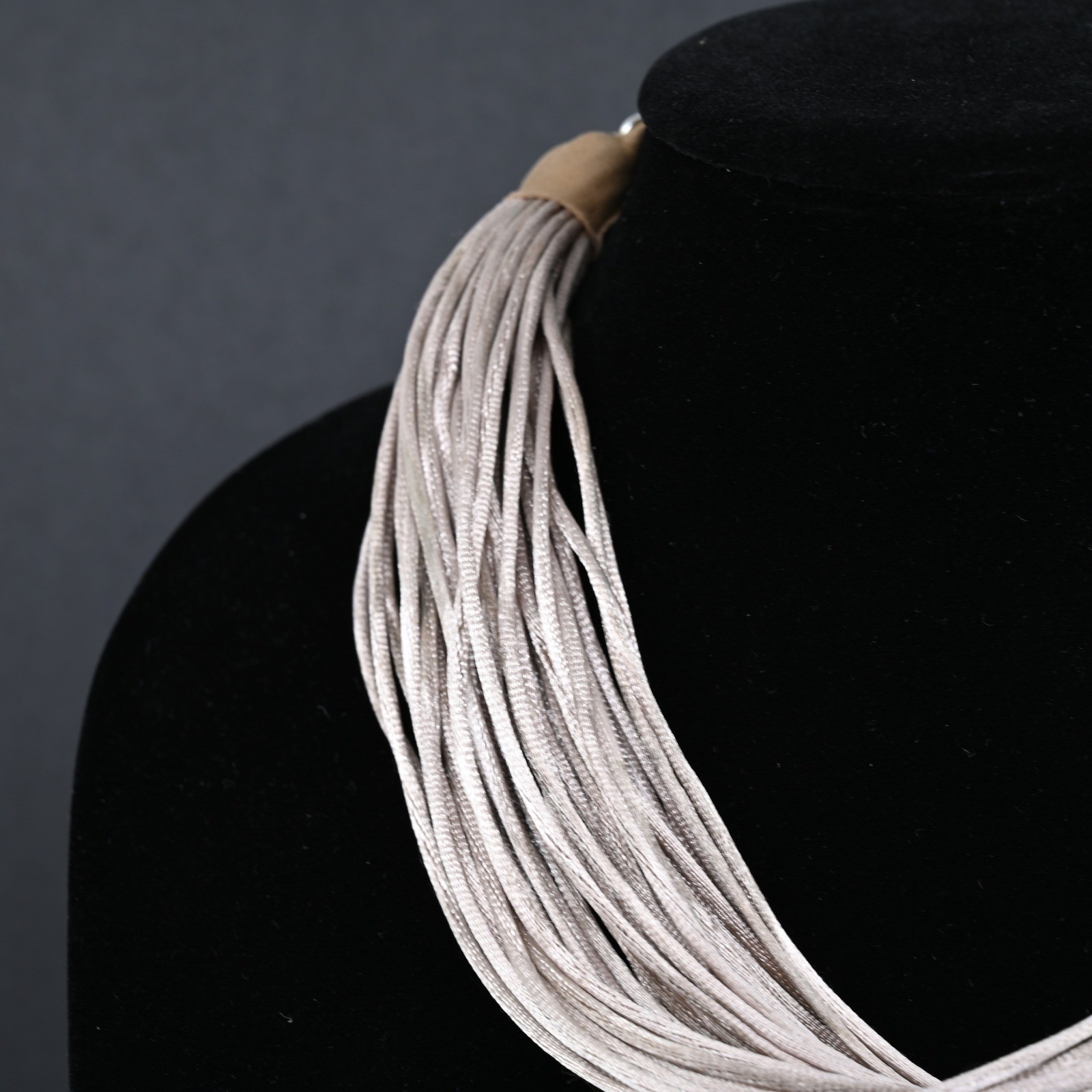 Multi Strand Cord Statement Necklace Silver Taupe Satin Fabric Adjustable 20″