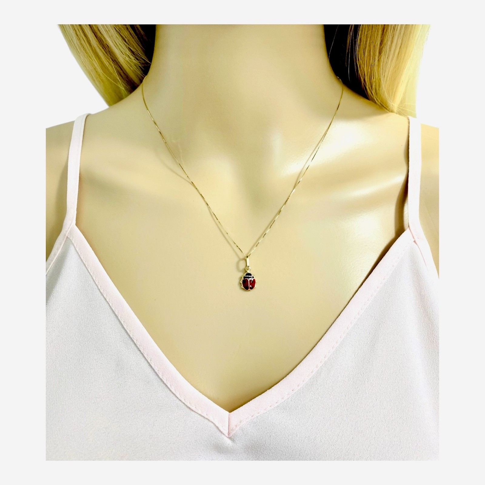 14K Solid Yellow Gold Ladybug Lucky Pendant Necklace – 0.5mm Box Chain- PT505