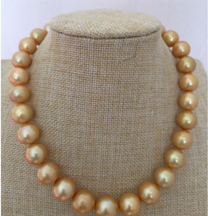GORGEOUS HUGE 13-12MM SOUTH SEA ROUND GOLD PEARL NECKLACE 18INCH