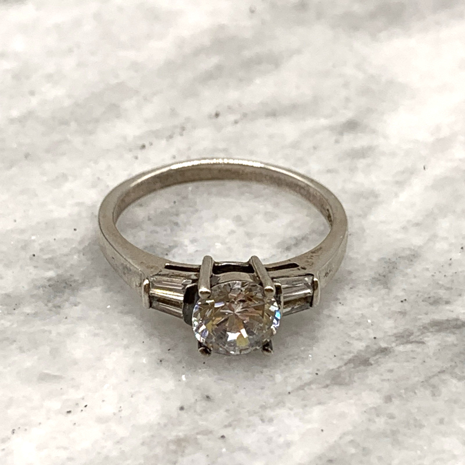 Art Deco Style Ring 925 Sterling Silver CZ Round Cut Baguette Shoulder – Size R