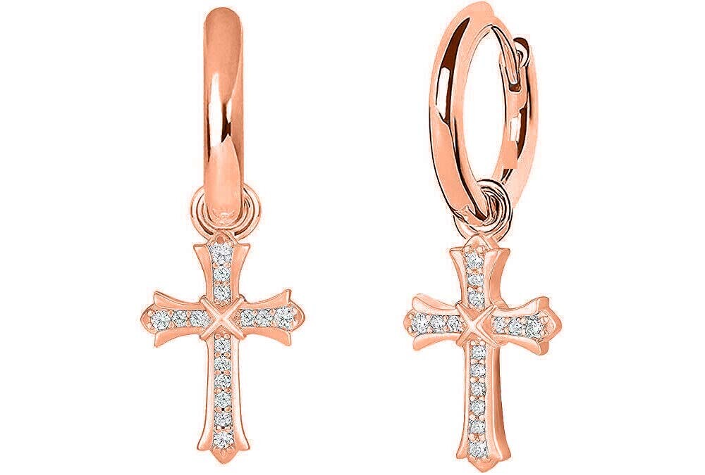 Men & Women 18K Rose Gold Plated CZ Cross Leverback Huggie Hoop Drop Earrings
