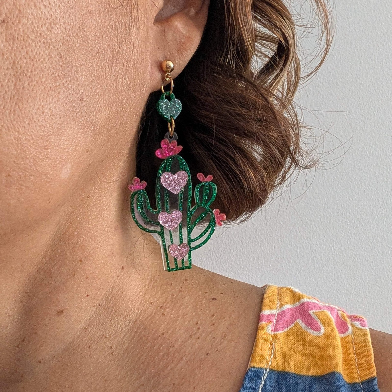 Glitter Heart Cactus Acrylic Dangle Earrings