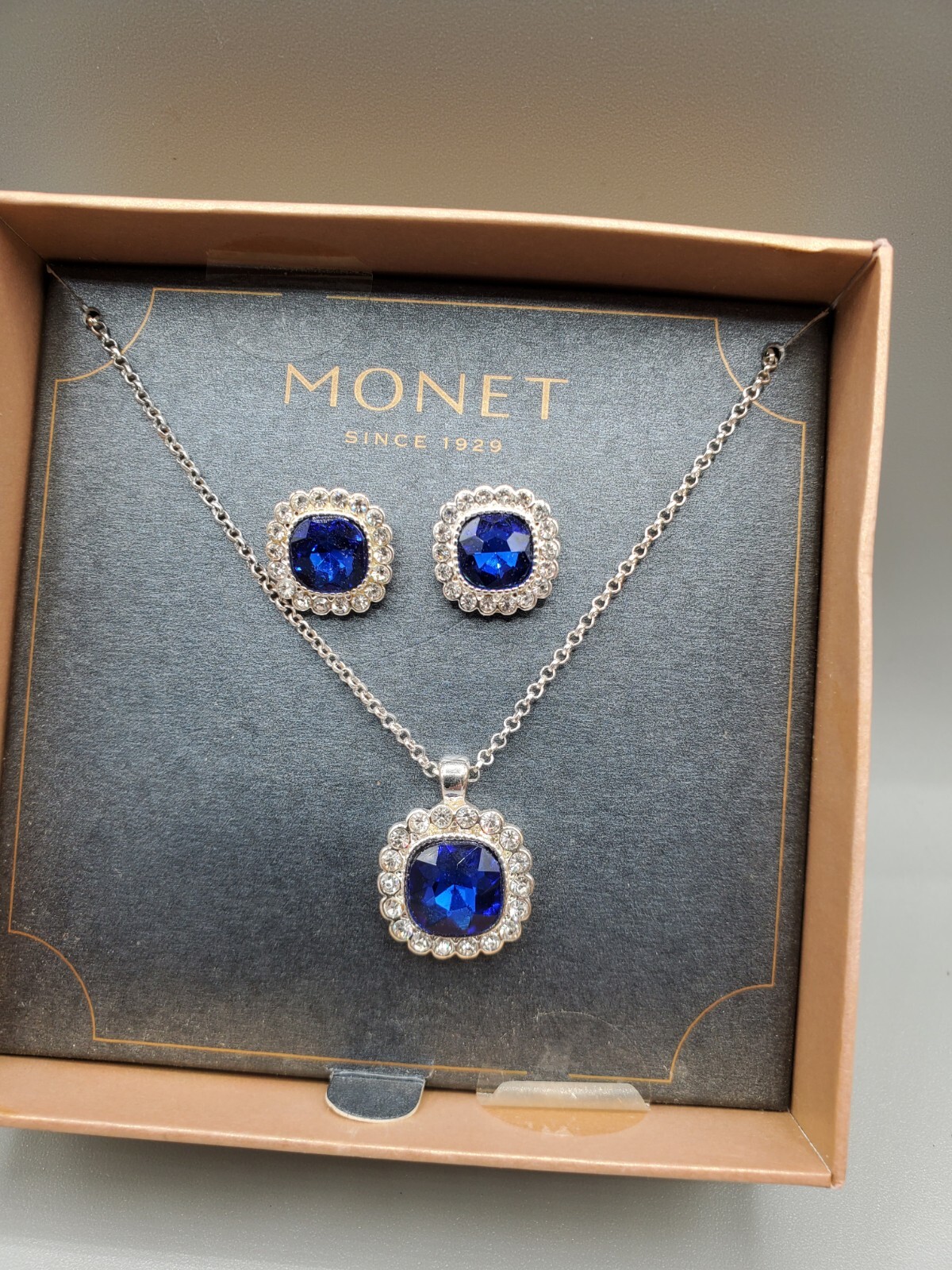 Monet Women’s Sliver And Blue Tone Stud Earrings/ Square Pendant Necklace B#11