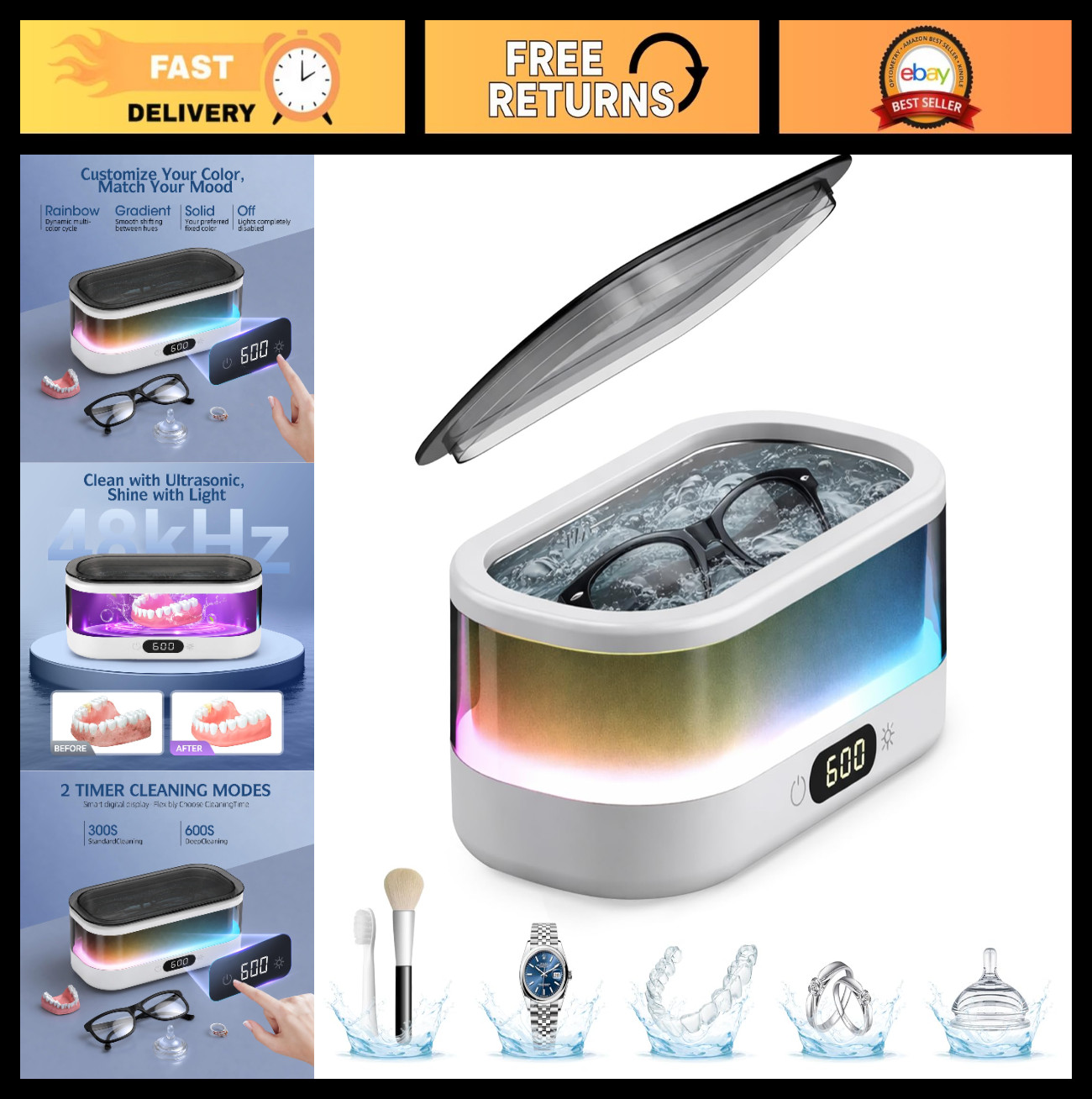 Ultrasonic Jewelry Cleaner 48KHz with RGB Lights, 350ML Stainless Steel Tank, Du
