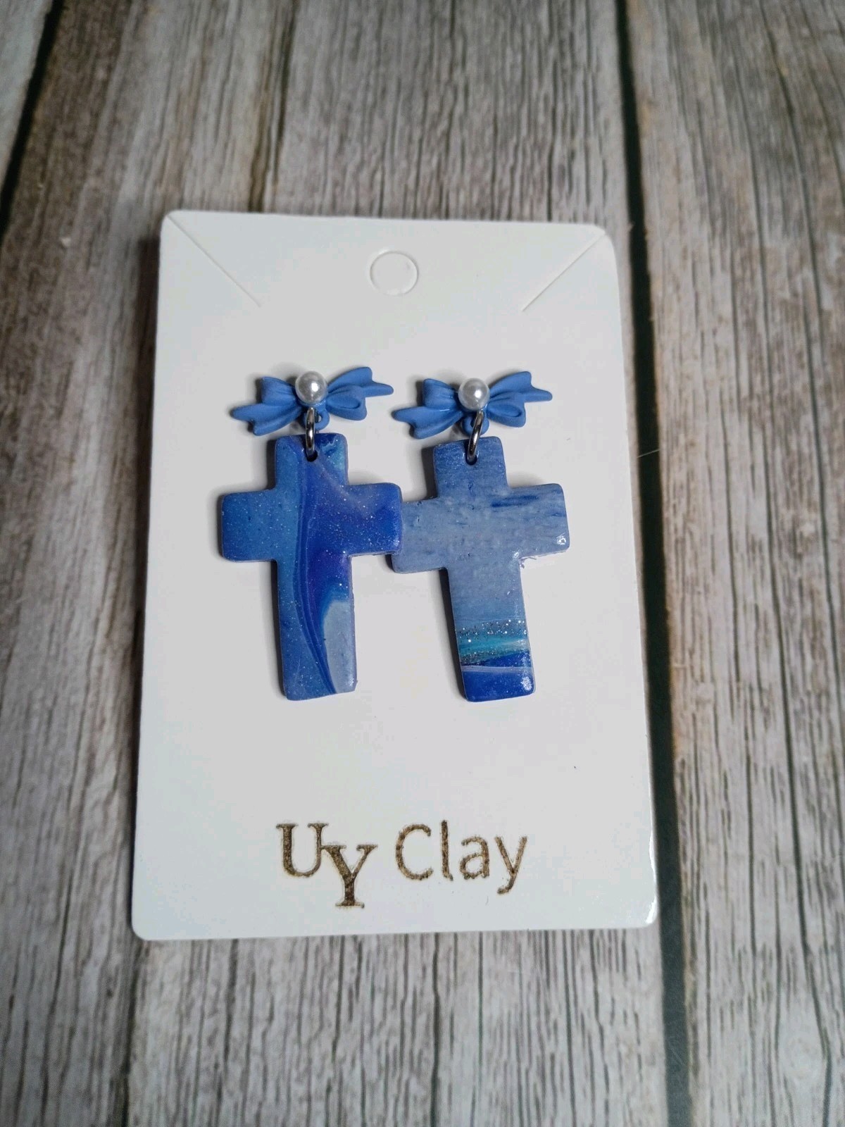 Handmade Blue Marbled Cross Ribbon Bow Polymer Clay Earrings – Hypo-allergenic