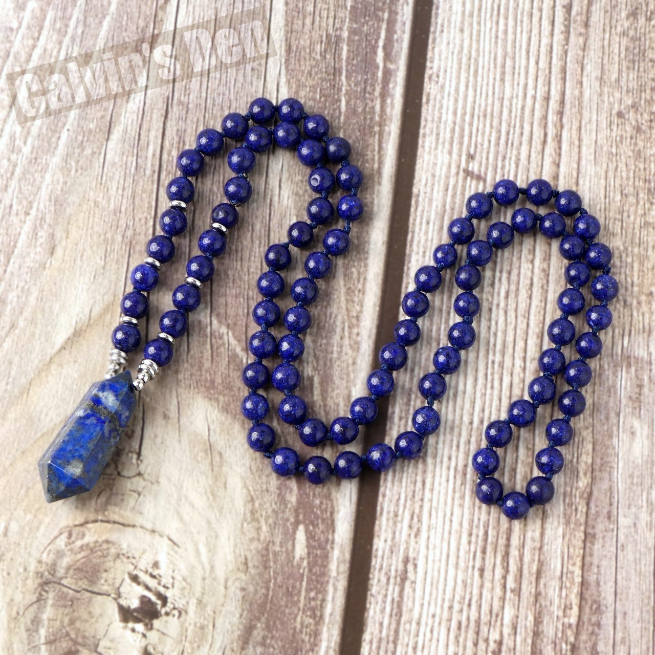 Lapis Lazuli Bead Necklace + Lapis Lazuli Crystal Point Pendant Handmade Gift