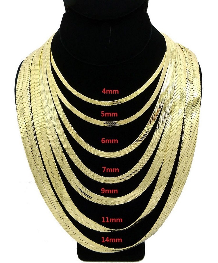 Herringbone Chain Necklace 14k Gold Plated 3mm to 14mm wide 16″ 18″ 20″ 24″ 30″