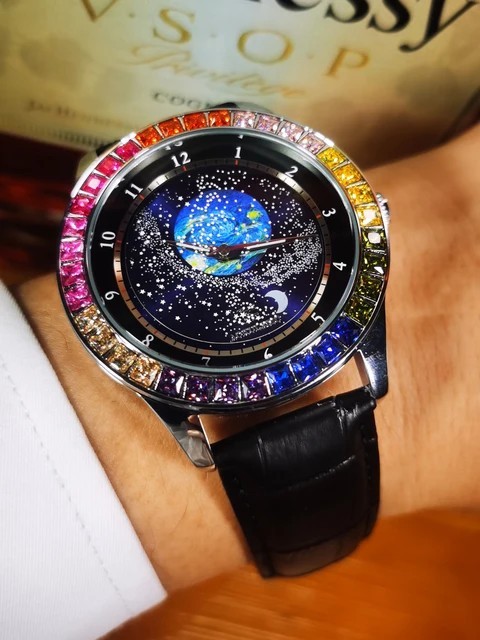 Luxury Rotating Star Dial Rainbow Case Automatic Men’s Watch Leather Strap