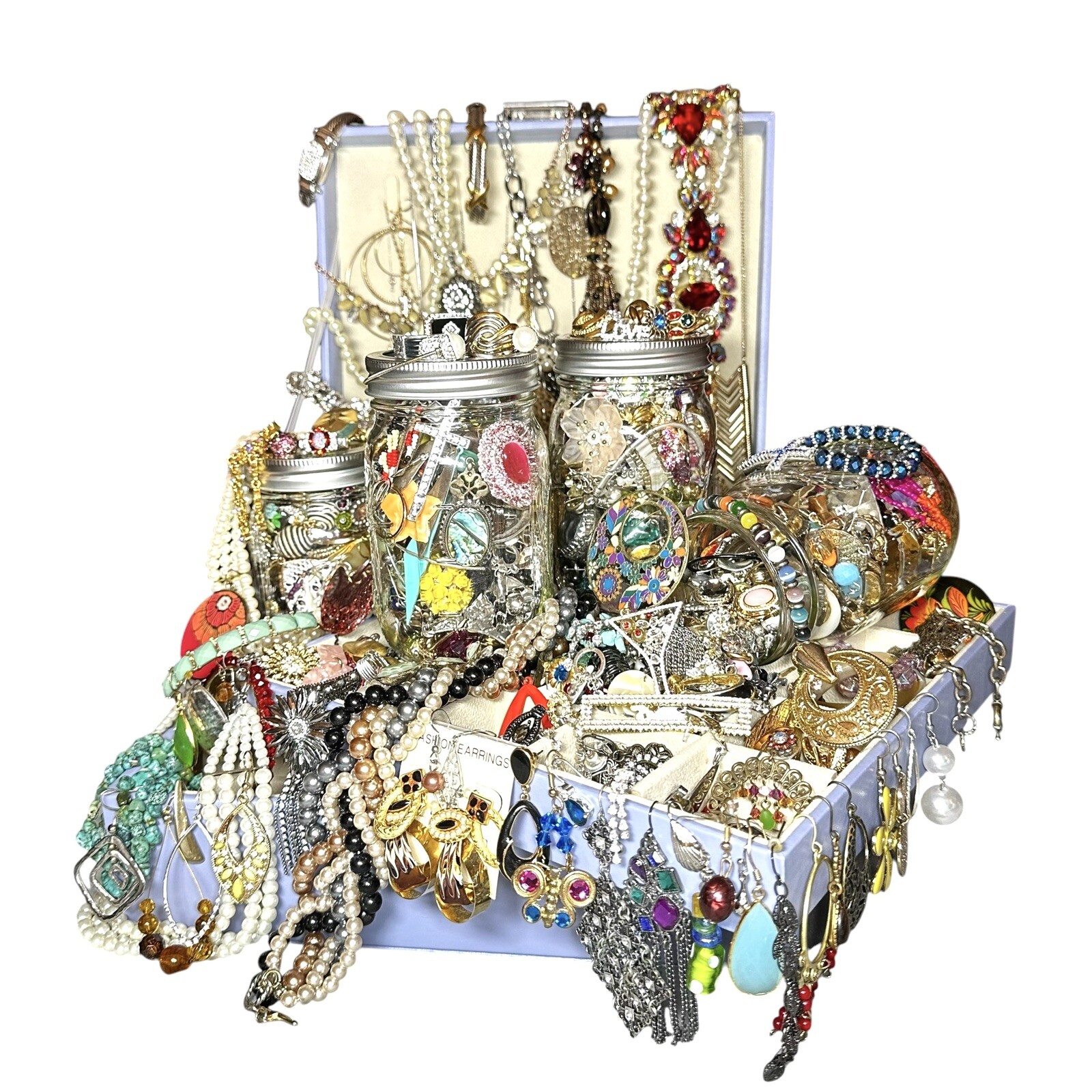 1+Lb Full (1) Ball Mason Jar Mystery Lot All Wearable Jewelry GUC Necklaces Etc.