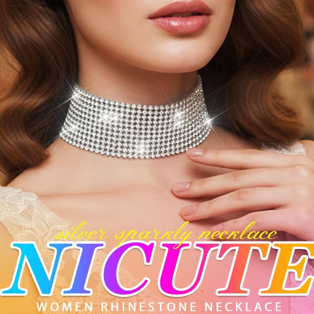 Rhinestone Necklace Jewelry Silver Crystal Wide Choker Necklace Sparkly Collar N