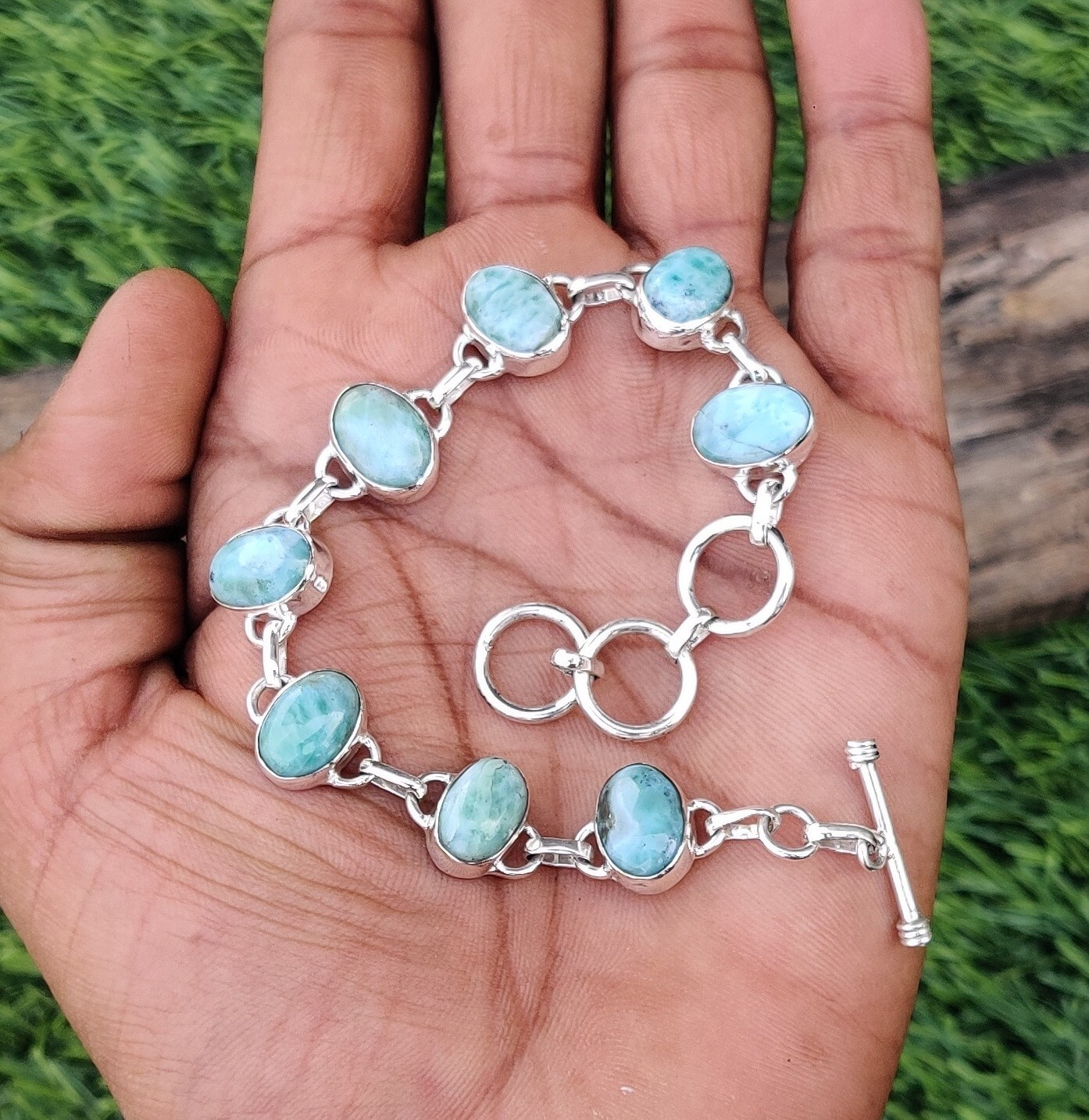Natural Larimar Bracelet 925 Sterling Silver Gemstone Silver Bracelet MO**