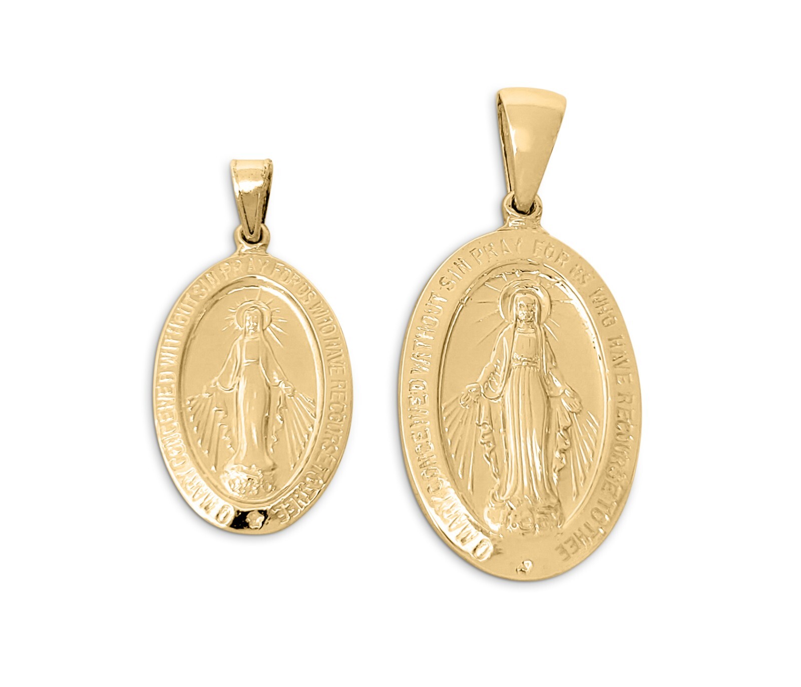 Real 18K Yellow Gold Miraculous Medal Virgin Mary Pendant, 0.9″ or 1.1″ Catholic