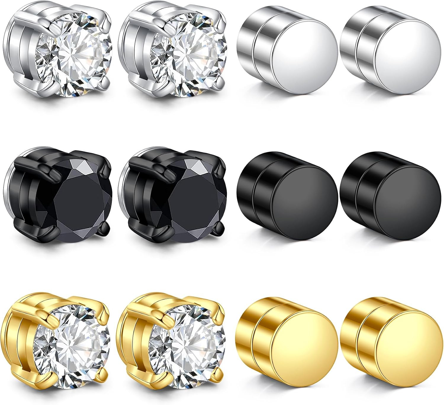 Men’S Magnetic Stud Earrings – Non Piercing 6 Millimeters, Sliver-Black-Gold