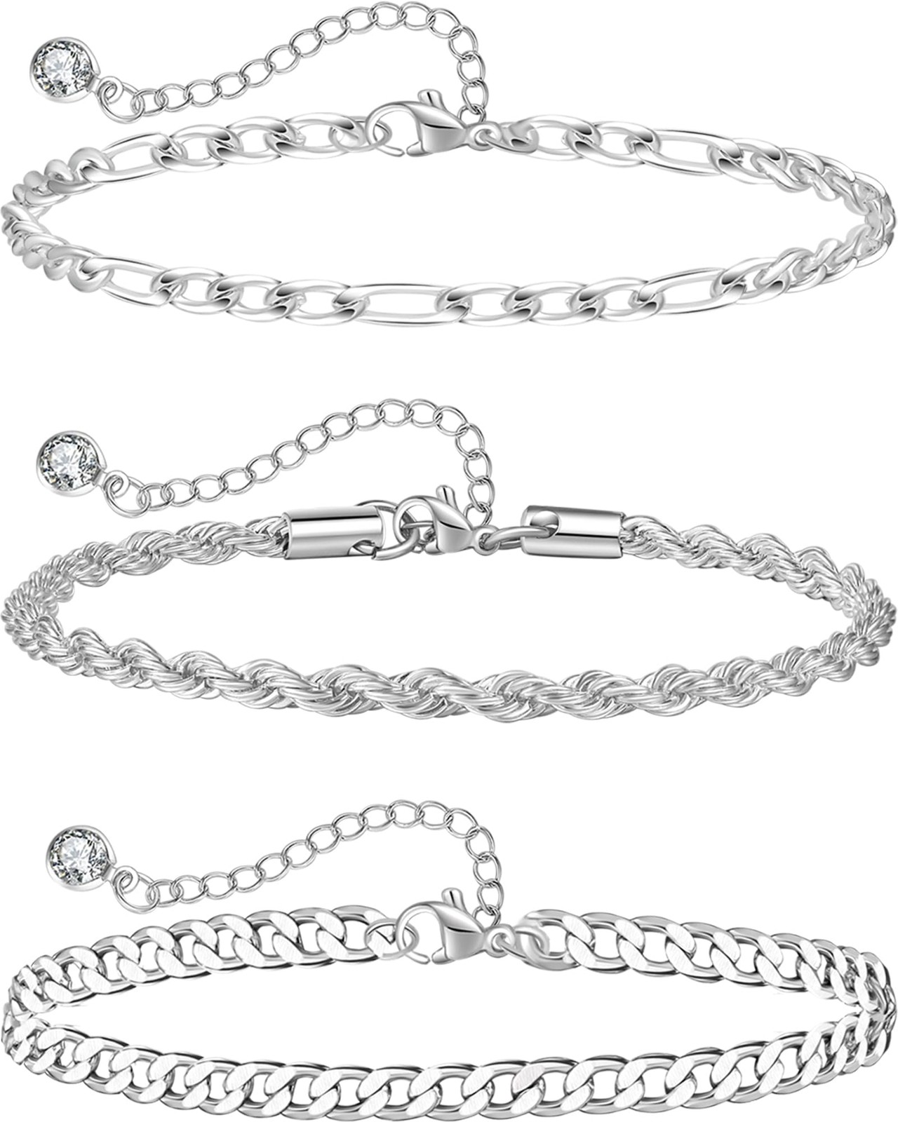 Melshabt Sterling Silver Ankle Bracelets for Women 8.5 Inch, Figaro,Curb,Rope