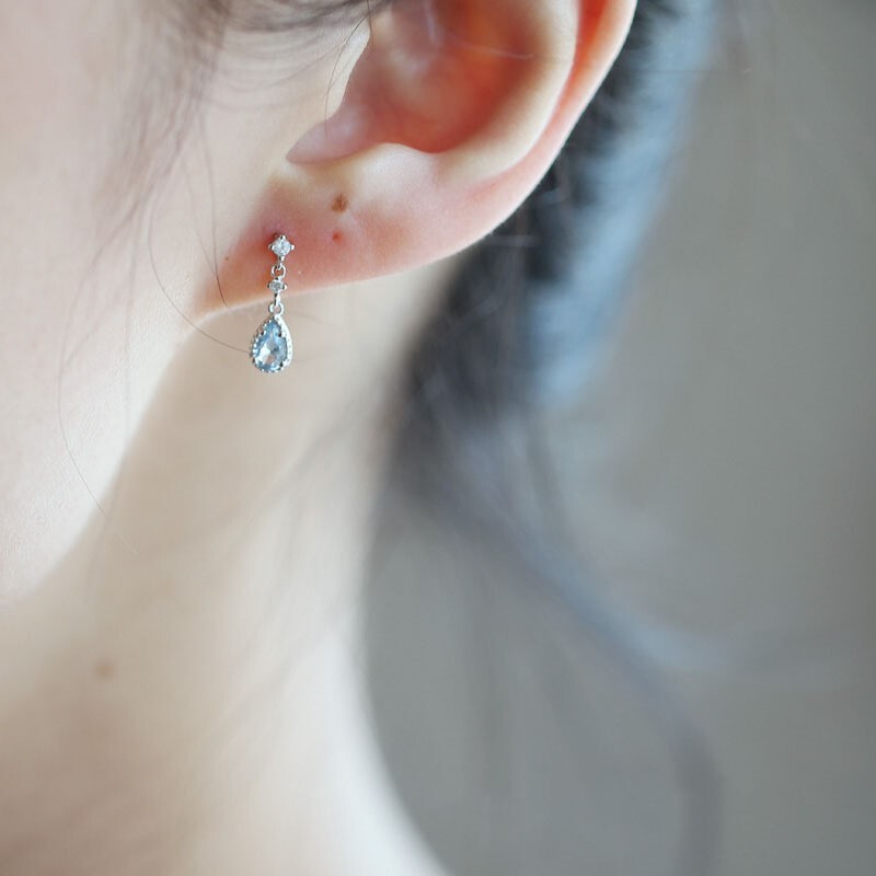 925 Sterling Silver Blue Waterdrop CZ Dangle Drop Stud Earrings Gift TH6