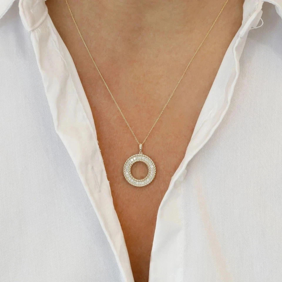 2Ct Round Lab Created Moissanite Circle Pendant Necklace 14K Yellow Gold Plated