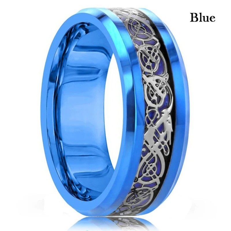 Men Women Gold Plated Blue Black Red Stainless Steel Celtic Dragon Band Ring 8mm