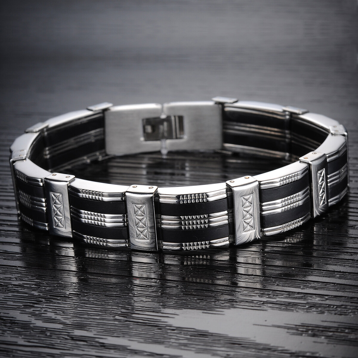 Men’s Black Silver Tone Silicone Rubber Stainless Steel Bracelet Chain Wristband