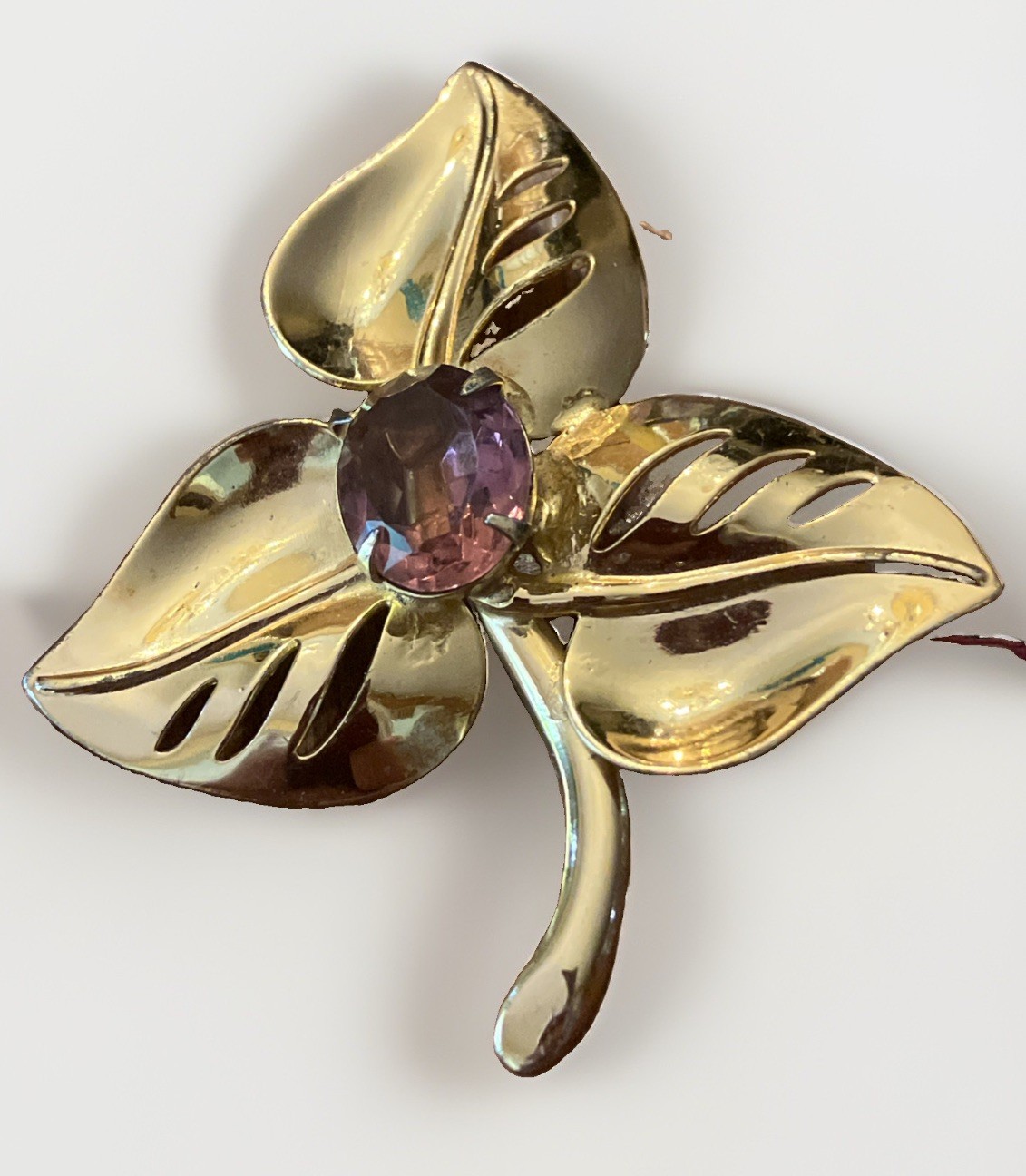 Vintage signed CORO Sterling Gold Vermeil Purple Amethyst Glass Rhinestone PIN
