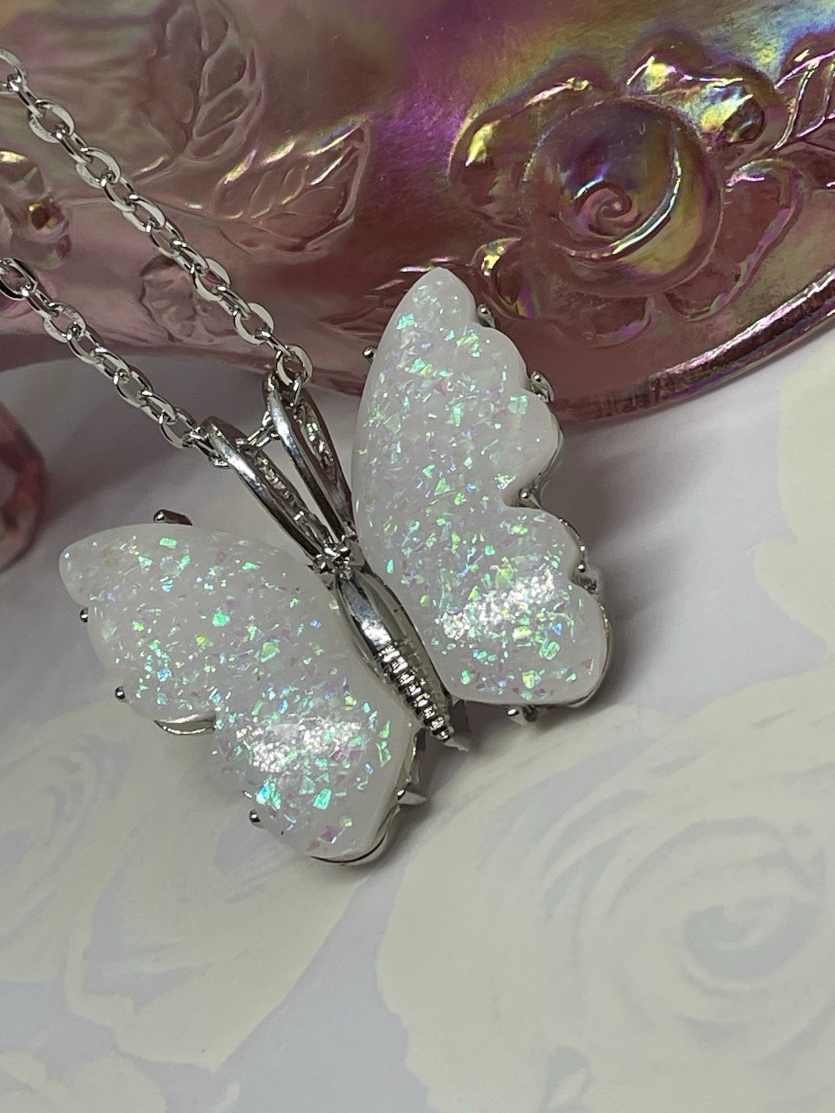 Silver Fire Opal Butterfly Anniversary Birthday Wedding White Gift Memorial Brid