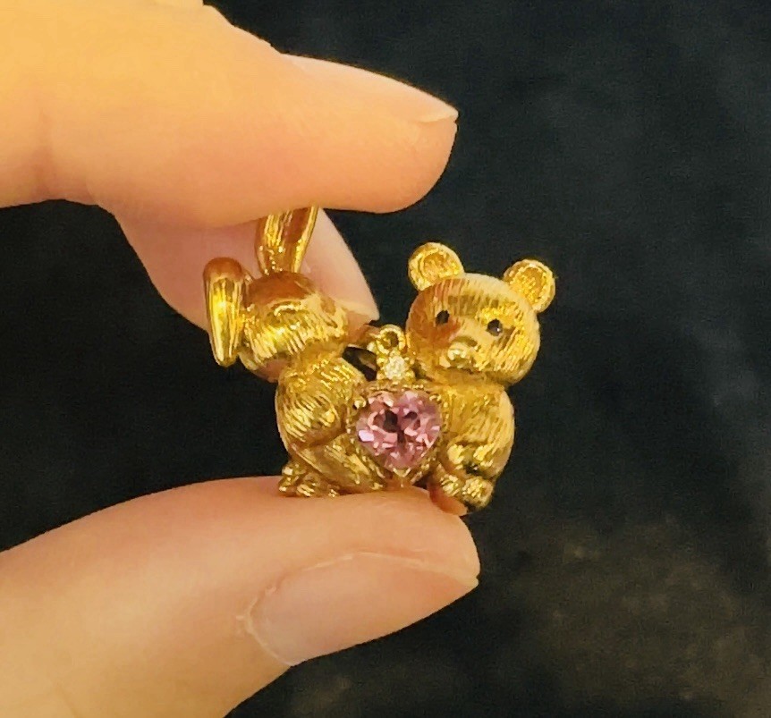 14K Gold Bear Rabbit Pink Tourmaline Pendant
