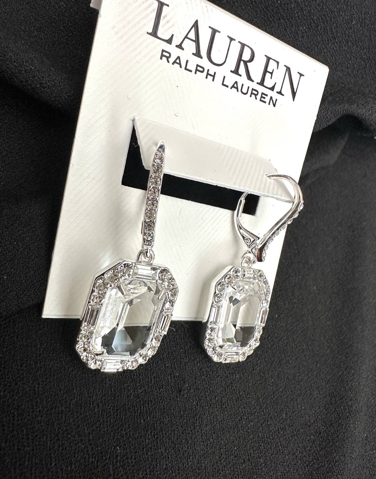 Ralph Lauren Crystal Rectangular Drop Earring / Clear/ Silver Color/Lever Back