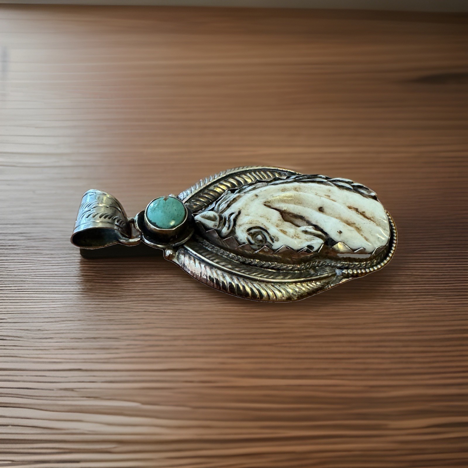 Hand Carved Bone Pendant,Horse Face Art,Floral Carving Back,Turquoise,Silver 32g