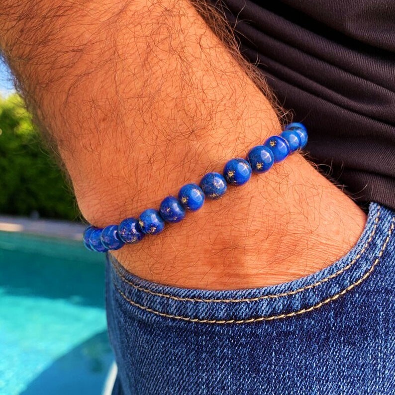 Men’s Bracelet Natural Lapis Lazuli 8mm Round Beads Healing Stretch 8IN Bracelet